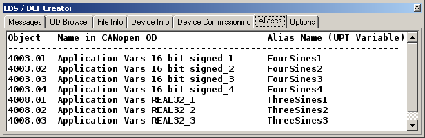 Screenshot EDS/DCF-Creator, Registerkarte 'Aliases'