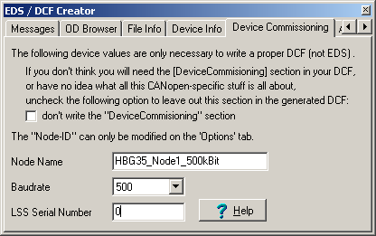 Screenshot EDS/DCF-Creator, Registerkarte 'Device Commissioning'
