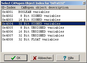Screenshot of the CANopen OD Index Selection Dialog