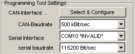 invalid COM port in the programming tool's main window